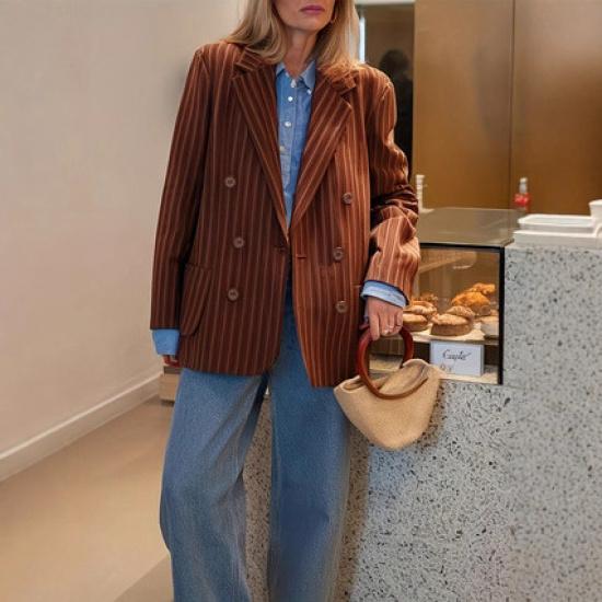 Spring and Autumn Women s New Fashion Loose Striped Vintage Blazer Jacket S