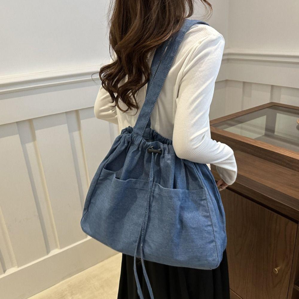 Casual Denim Tote Bag Large Capacity Canvas Bucket Bag Oxford Drawstring Shoulder Bag  Travel