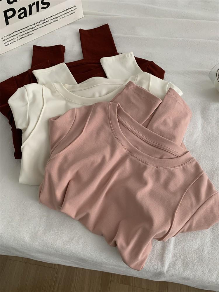 Women's Korean Style Long-Sleeve Ruched Waist Top - Round Neck, Autumn Base Layer Shirt