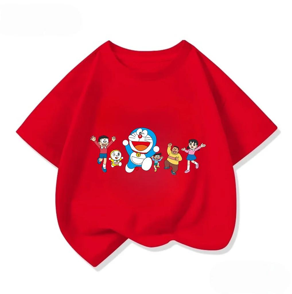 Summer Boys Girls Short Sleeve Tee Kawaii Cartoon Print Cute Street Fashion Wear Doraemon Kids Outfit 314Y