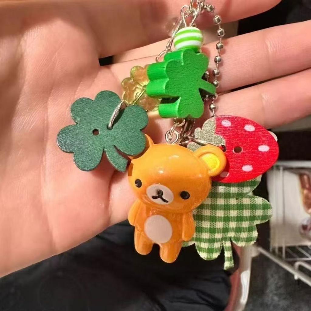 Rilakkuma Handmade Resin Clover Strawberry Cute Keychain Vintage Kawaii Aesthetic Cellphone Strap Bag Charm Keyring Gifts
