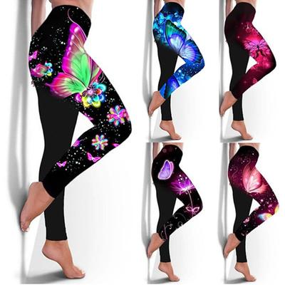 Women Leggings High Waist Multicolored Butterfly Printed Hip Lift Stretchy Skinny Pants Trousers for Sports