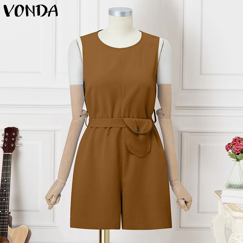 

VONDA Women Sleeveless Dress Summer Round Neck Belt A Line Casual Mini Dress 5XL коричневый
