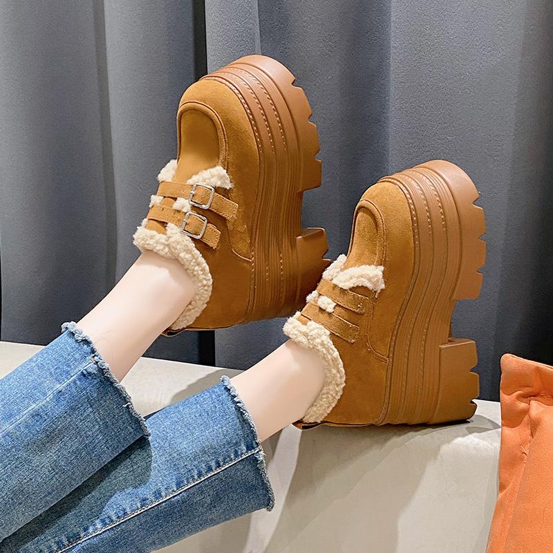 New Winter Chunky Casual Snow Shoes Woman 10CM High Platform Wedge Heels Warm Fur Sneakers Fashion Women Buckle Leather Shoes