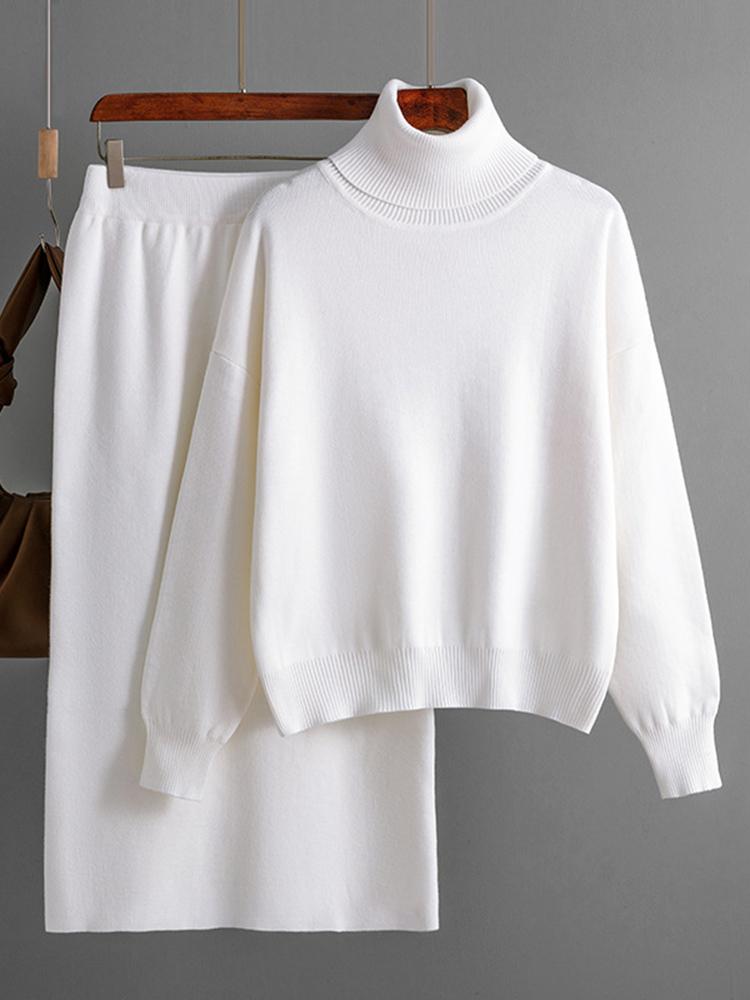 

Осінні комплекти светра з високим коміром та спідниці для жінок 2024 В язані зимові комплекти з двох предметів Пуловер Білий костюм Жіночий комплект спідниці та топу One Size білий