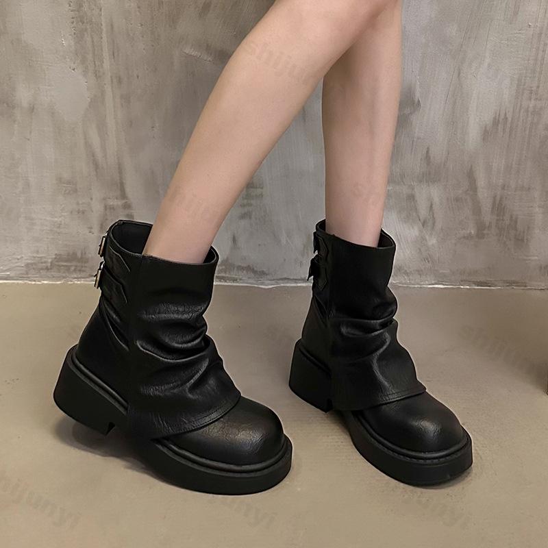 Fashion Autumn Women Boots 2025 Round Toe Chunky Platform Mid Calf Boots Fashion Retro British Style Wedges High Top Boots Botas Mujer
