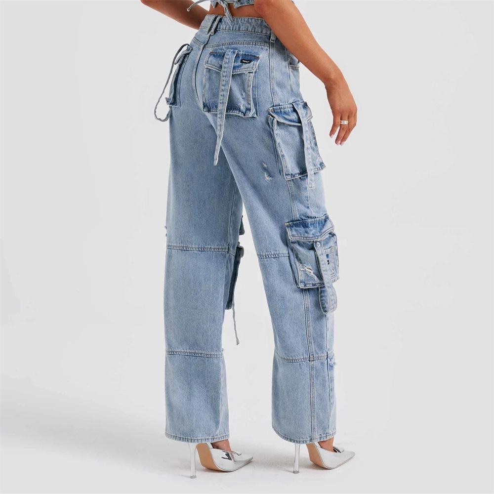 Jeans im amerikanischen Stil mit niedriger Taille und dreidimensionalen Taschennähten für Damen im Herbst mit lockerer Drapierung