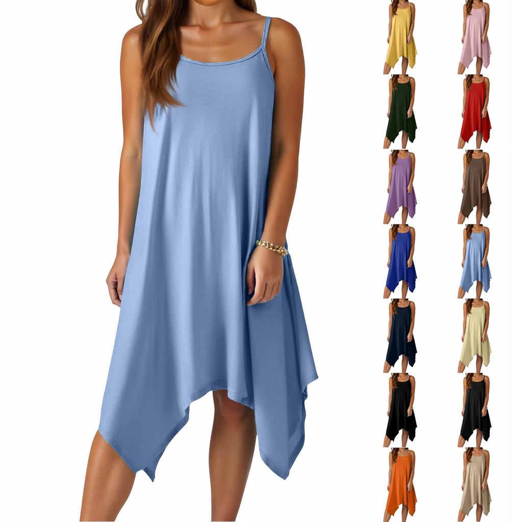 Women's Summer Casual Solid Color Round Neck Adjustable Suspender Dress With Pockets