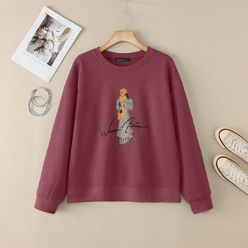 ZANZEA Women Casual Round Neck Loose Long Sleeve Pullover Tops Sweatshirt