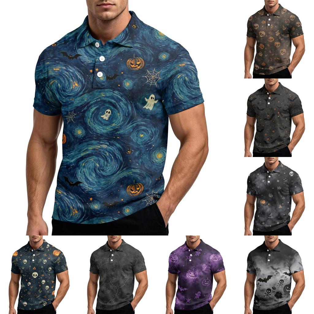 Men's Halloween Printed Short Sleeve Polo Shirt Loose Fit Casual Summer Daily Wear Button Down Collar Top
