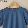 VONDA Summer Women Puff Sleeve Demin Blue Casual Tops Blouse