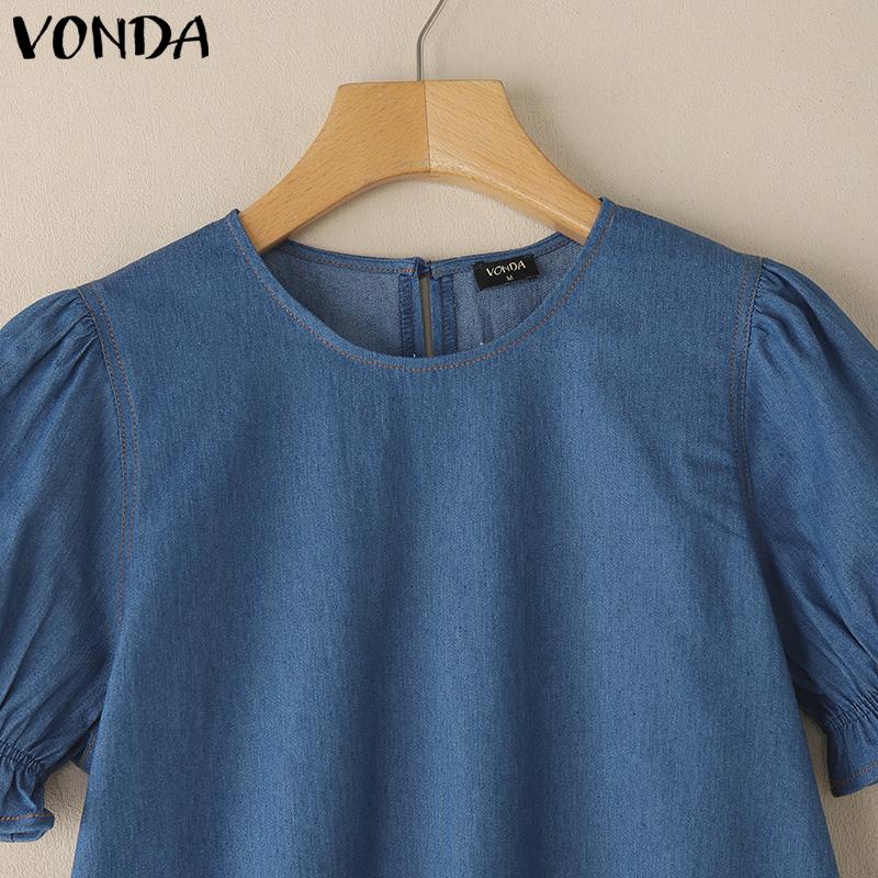 VONDA Summer Women Puff Sleeve Demin Blue Casual Tops Blouse