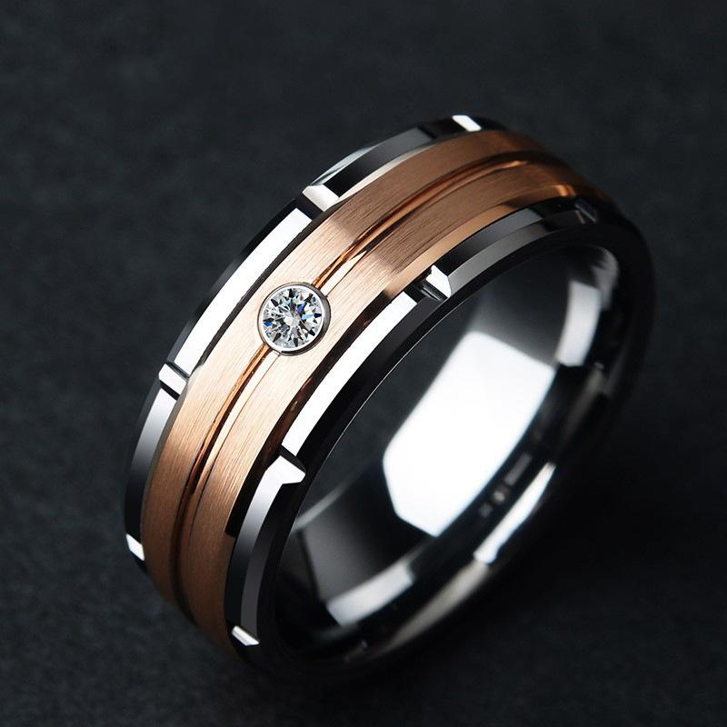 European and American fashion new stainless steel zircon inlaid popular couple ring 5&Light Yellow Gold Color