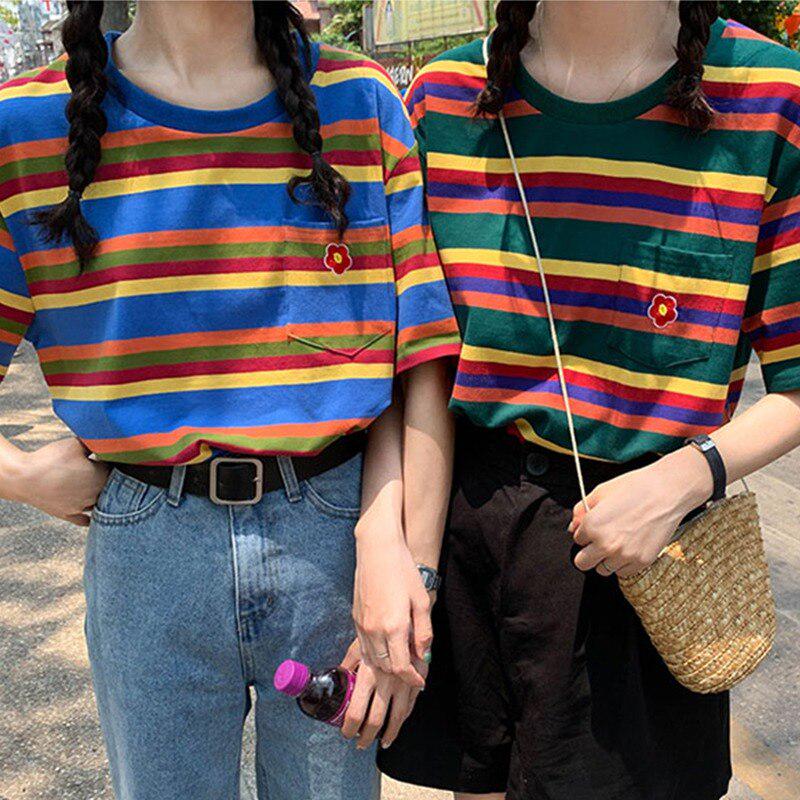 Women's Fashion Summer Casual T Shirt Short Sleeve O-Neck Rainbow Striped Flower Loose Tee