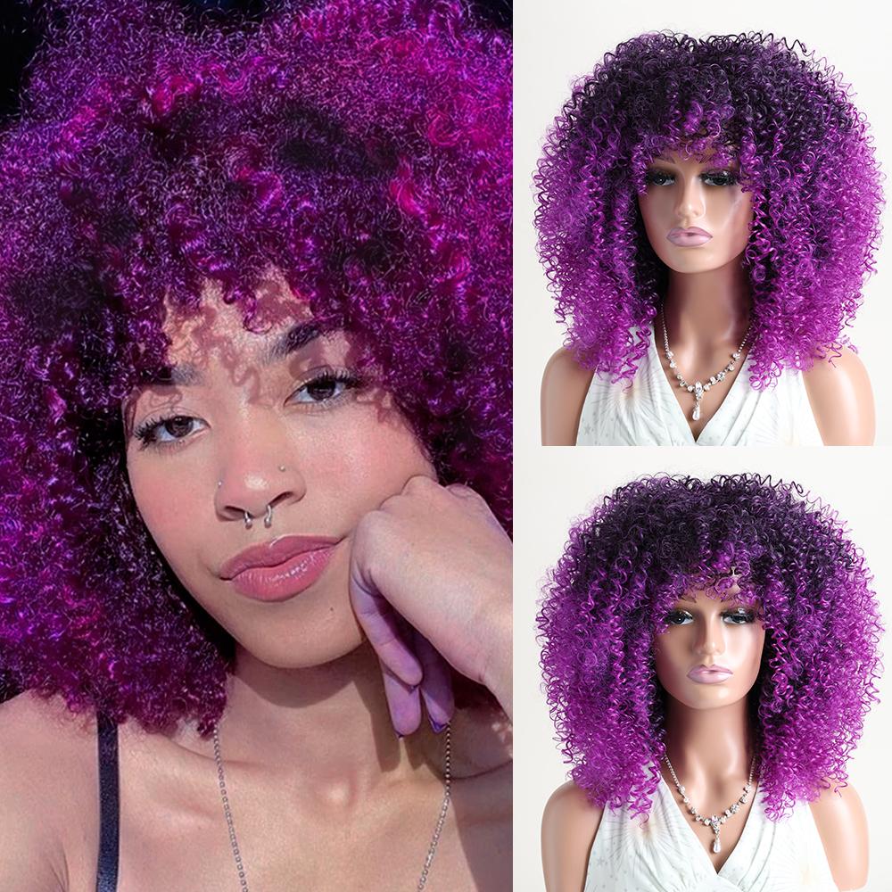 16 Zoll Afro Kinky Curly Synthetikhaar Gradient Lila Perücken mit Pony Weiche Flauschige Faser Perücken für Party Cosplay Tägliche Nutzung