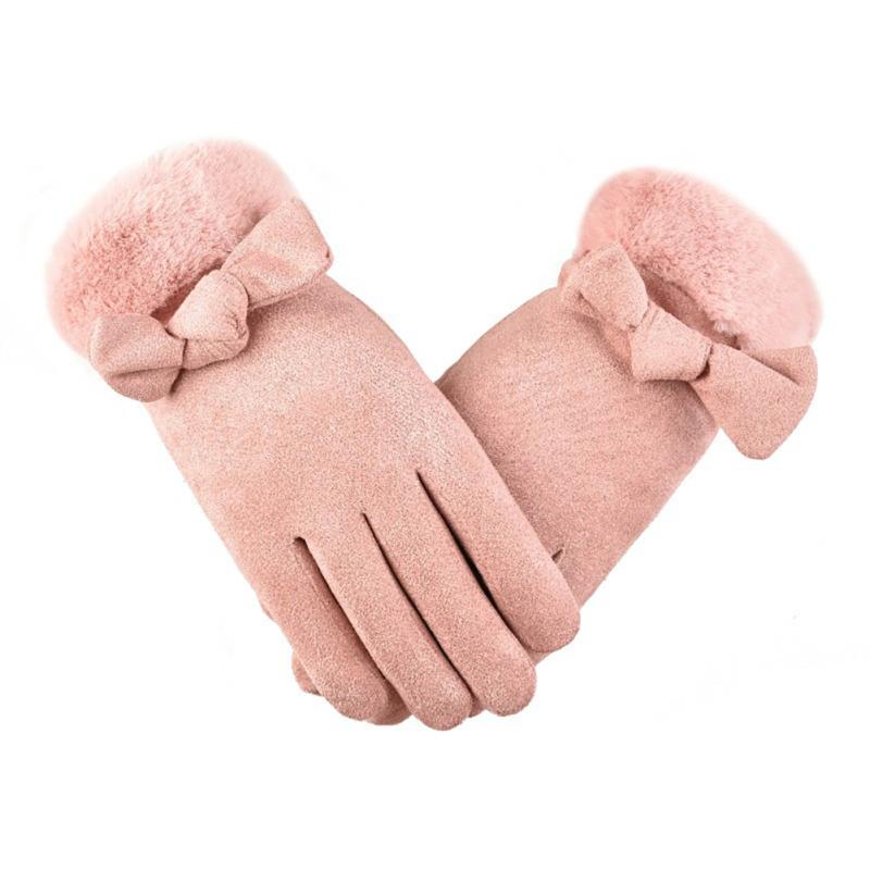 Women Winter Gloves Suede Leather Non-slip Touch Screen Warm Thick Gloves With Fur For Outdoor