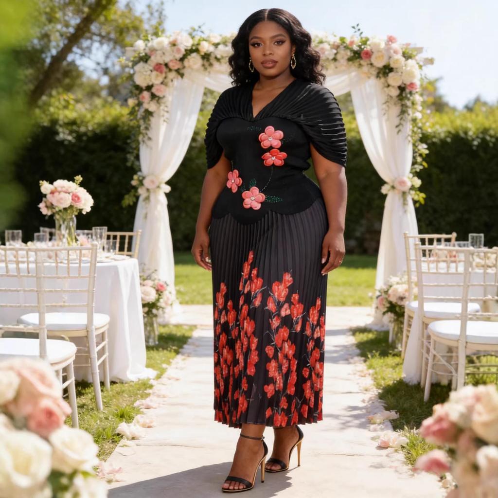 Miyake Pleats Elegant Plus Size Set with Bubble Sleeves and Rhinestone Floral Design