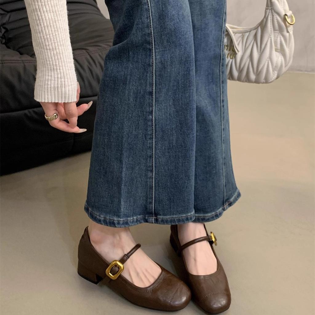 French evening breeze light mouth single shoes women's thick heel 2025 spring new Korean version small leather shoes retro middle heel Mary Jane shoes
