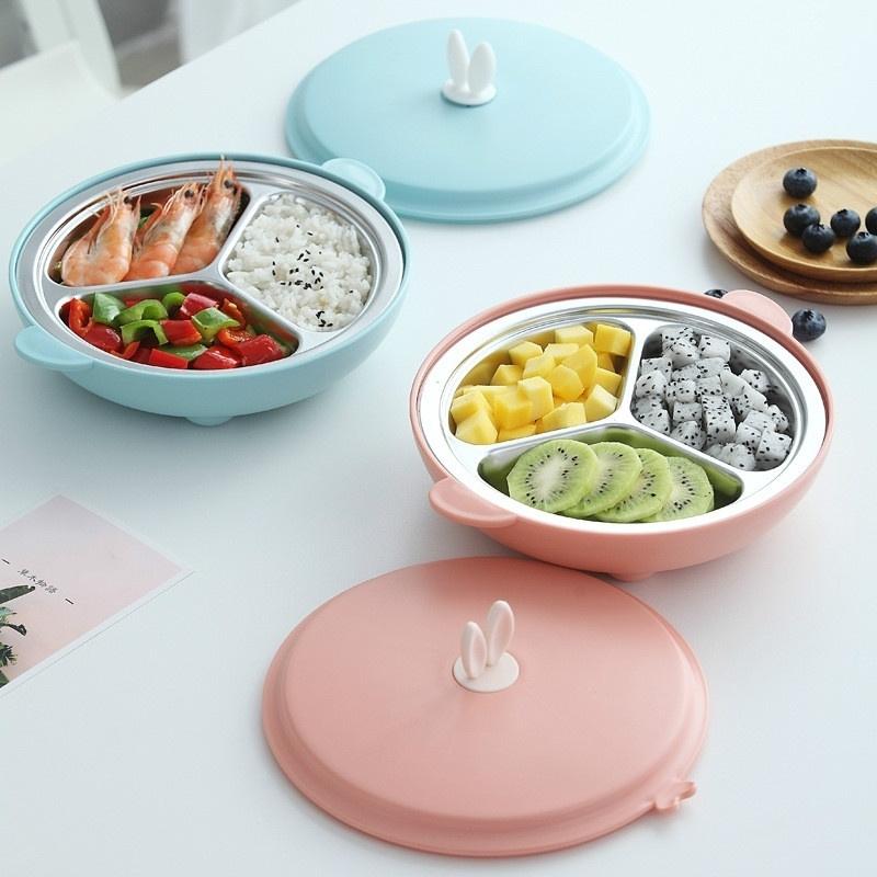 Household Portable Cute 304 Stainless Steel Children's Dinner Plate Grid Student Baby Tableware Rice Bowl Fast Food Plates