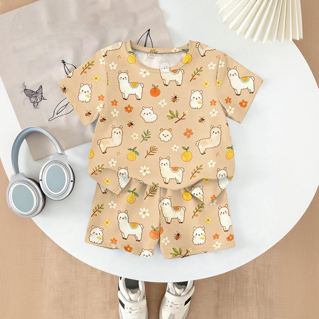 Kids Casual Short Sleeve Top and Shorts Set Lightweight Soft Fabric Animal Print Summer Outfit for Toddlers and Children