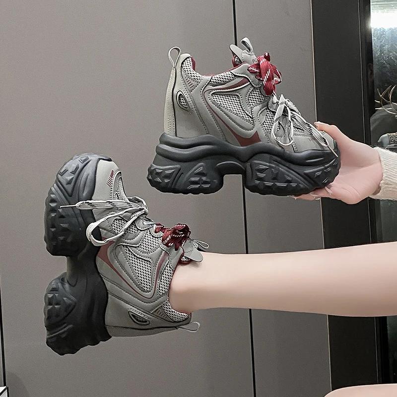 Fashion 11CM New 2025 Autumn Breathable Women Chunky Sneakers Lace-up Wedges Mesh Shoes Thick Soles Trainers High Platform Casual Shoes