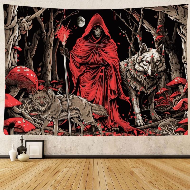 

Wolf Tapestry Skull Goth Mushroom Moon Skeleton Flowers Blue Horror Forest Tree Wall Hanging for Bedroom Living Room 90x70 74x94cm(29x37in)