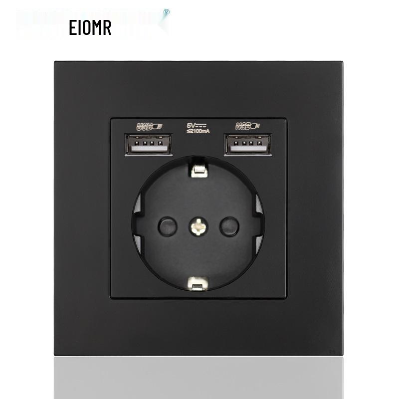 Black 16A German Standard Socket Panel with Double USB + Type C, Concealed European Installation