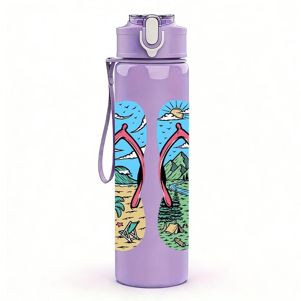 1PC Tropical Pattern Flip Flop Sandal Print 750ml Color Plastic Sports Water Bottle Leakproof Flip Straw Lid Suitable for Sports Office Home Use