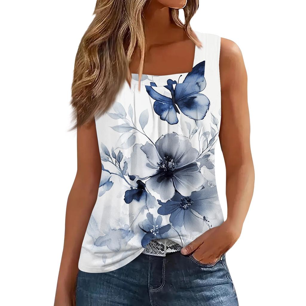 Dámské triko s potiskem vesty bez rukávů se čtvercovým čtvercovým límcem