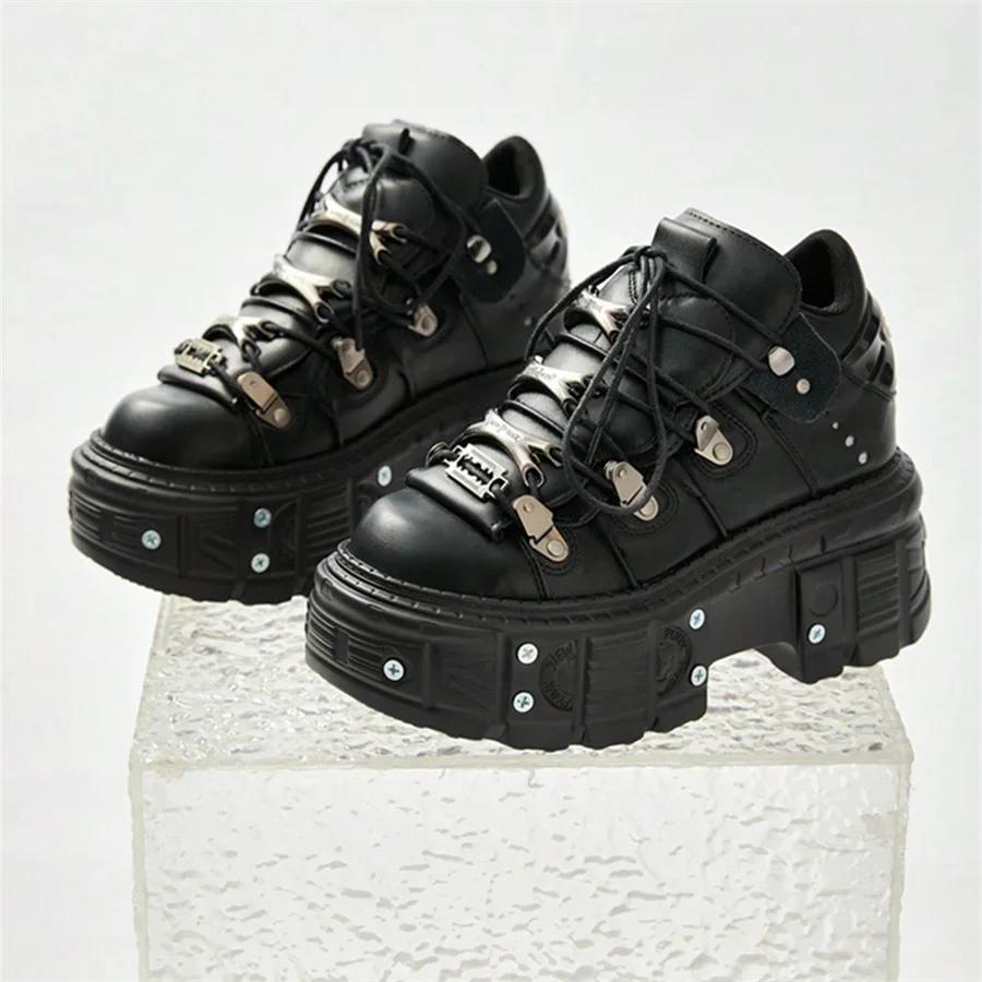 Fashion Punk Style Women Black Shoes Rock Metal Decor Lace-up Heel Height Platform Shoes Gothic Man Sneakers Women Ankle Boots New