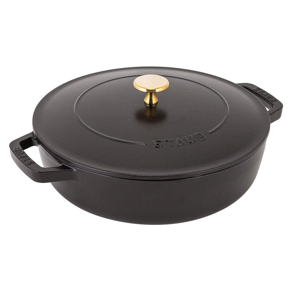 Staub Braiser Saute Pan 24cm IH Compatible Enamel Pot Pot Stylish Heat Retention Black Braiser Drop Structure Round Black [Staub Pot] Two-Handed