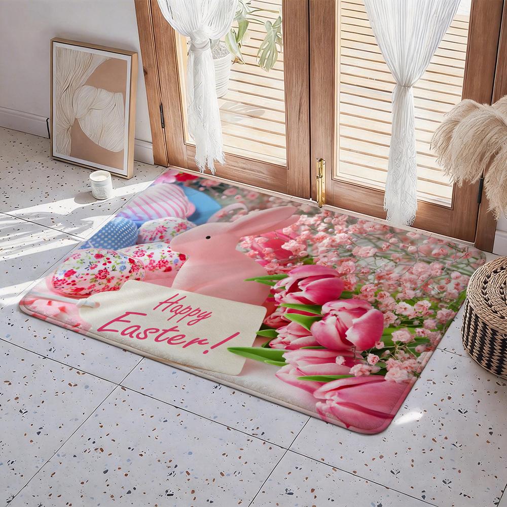 Easter Bunny Cute Eggs Floor Mat Eco Flannel Doormat Non Slip Odorless Indoor Floor Rug Soft Short Plush Home Mat