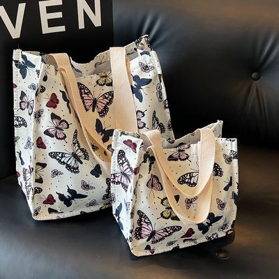 Large Capacity Floral Butterfly Portable Canvas Bag Oxford Cloth Casual Women'S Bag Niche Shoulder Handbag