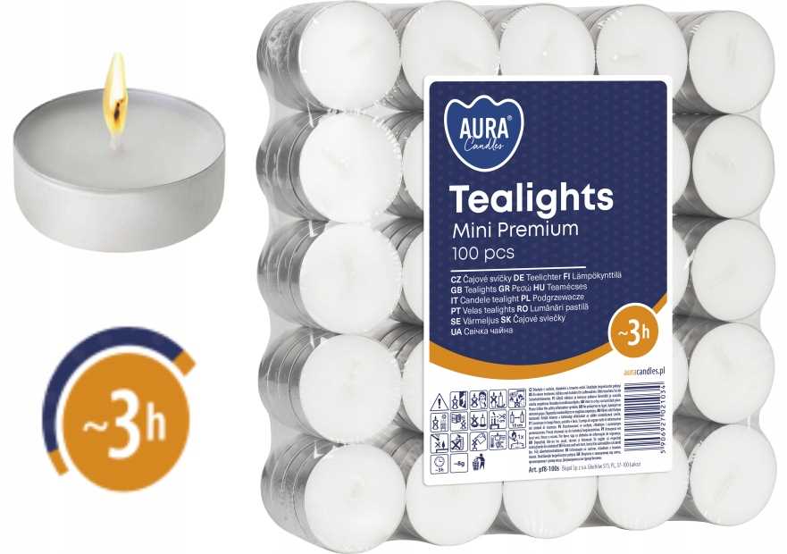 Aura Podgrzewacze Tealights Mini Premium 3H 100 Szt. Pf8-100S