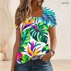 Women Plus Size U Neck Short Sleeve White Black Tropical Leaf Printed T Shirt
