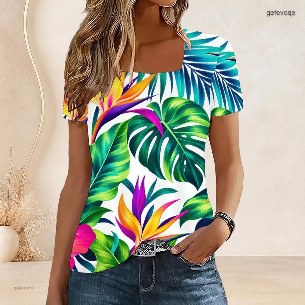 Women Plus Size U Neck Short Sleeve White Black Tropical Leaf Printed T Shirt