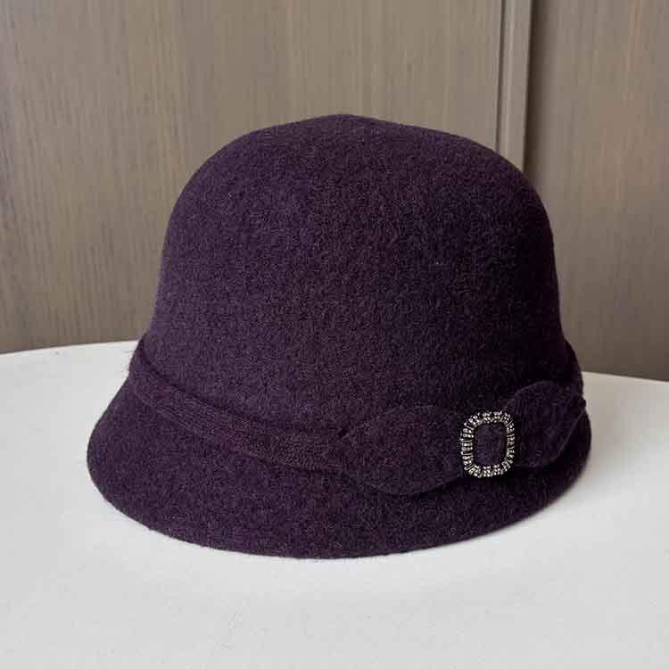 Small Brim Celebrity Temperament Retro Wool Top Hat Diamond Buckle British Fashion Autumn And Winter Thermal Basin Hat Women'S New Knitted Hat
