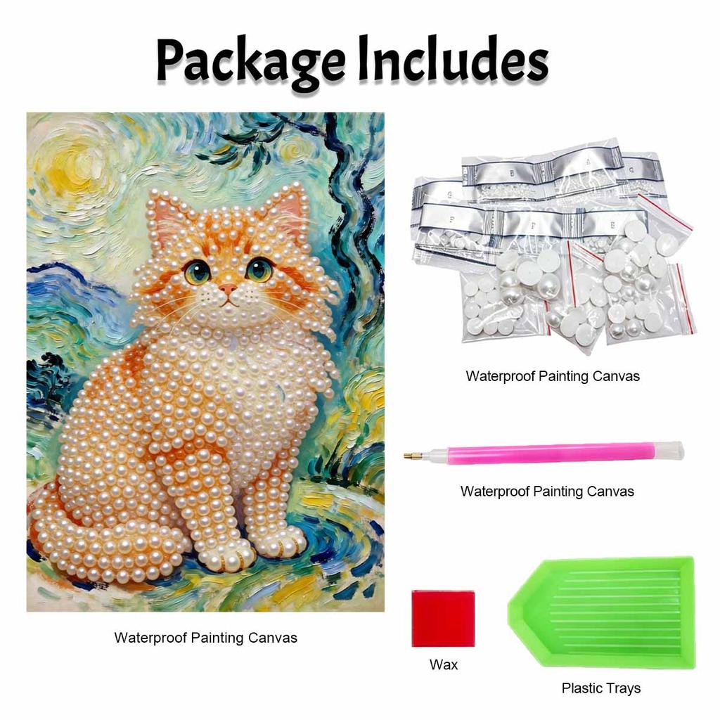 Cat Pearl Painting Handmade DIY 5D Creative Ornaments Living Room Home Decoration Painting with Van Gogh Style Background and Starry Night Texture