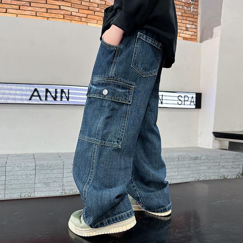 

Teen Boys Jeans 2025 New Spring Autumn Pants Children s Straight Trousers Teenager Wide-legged Cargo Pants Kids Loose Clothes 100