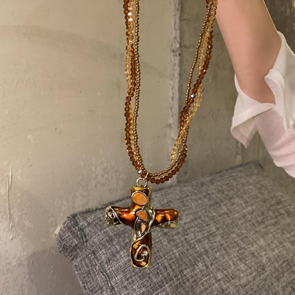 Metal Pendant Beaded Chain Necklace Multicolor Sweater Necklace Gothic Cross Necklace Women