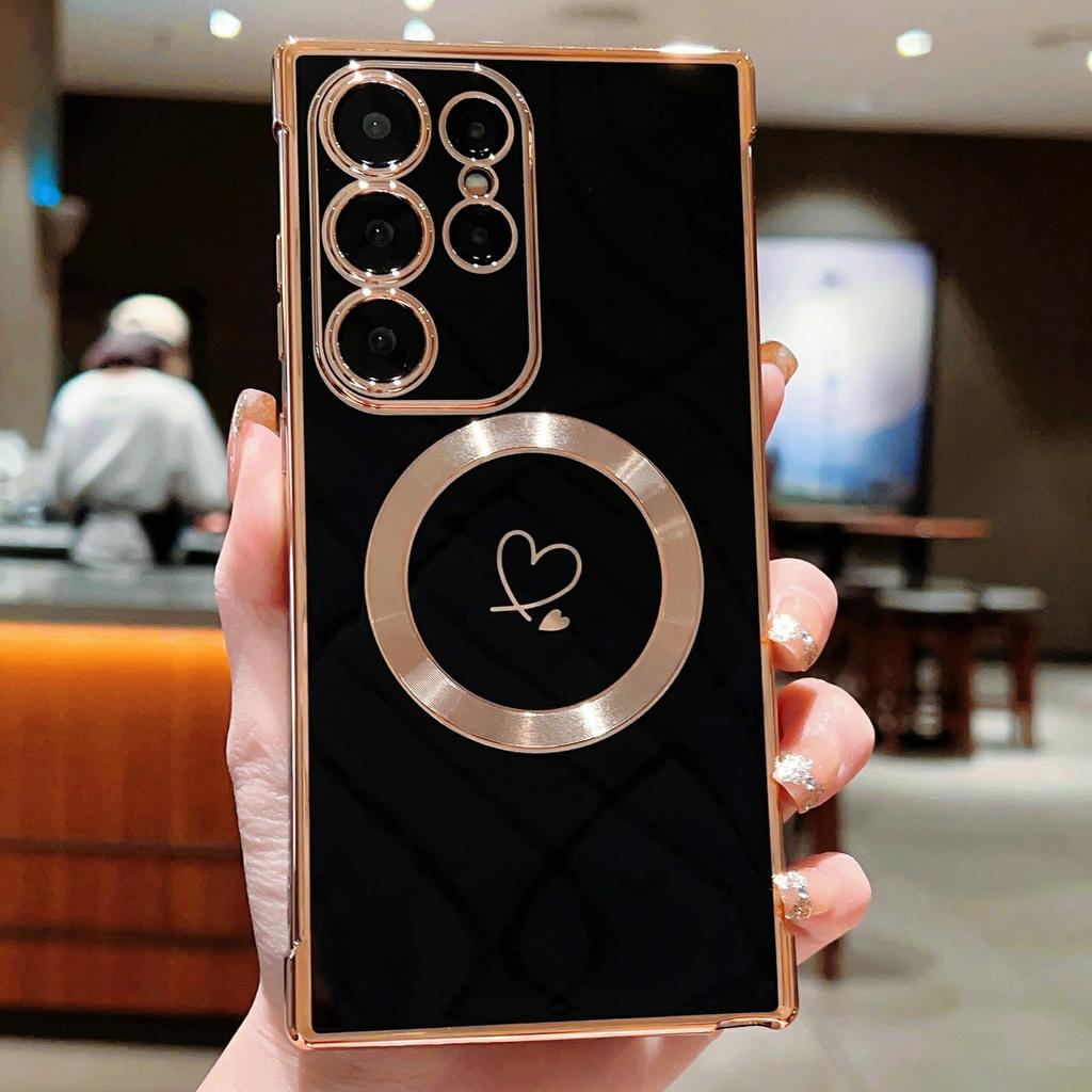 For Samsung Galaxy S26 Ultra Magnetic Case Electroplated TPU Phone Cover Hollow Love Hearts