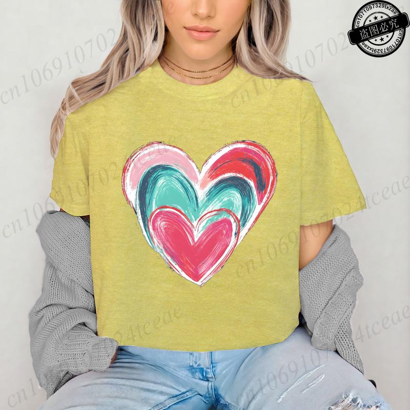 Colorful Heart Printed Womens TShirts Cute Heart TShirts Long Sleeve Womens Tshirts Valentine Day Tee Clothing Long Sleeve