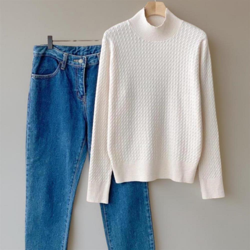 New Arrivals Open Run Women Loose Fit Long Sleeve Knit Mock Neck Cable Knit