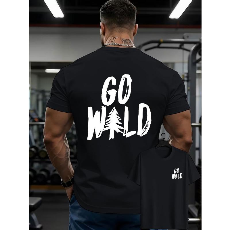 

European Size Men s GO WILD Pine Tree & Brushstroke T-Shirt -Double-Sided Front/Back Print Short Sleeve Shirt,Breathable Round Neck Casual Outdoor Top 4XL чорний