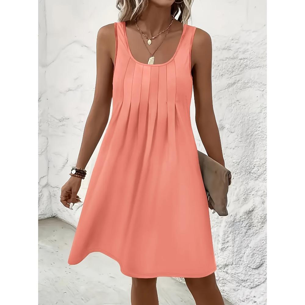 Women's U Neck Sleeveless A Line Mini Dress Solid Color Front Pleated Casual Tank Sundress