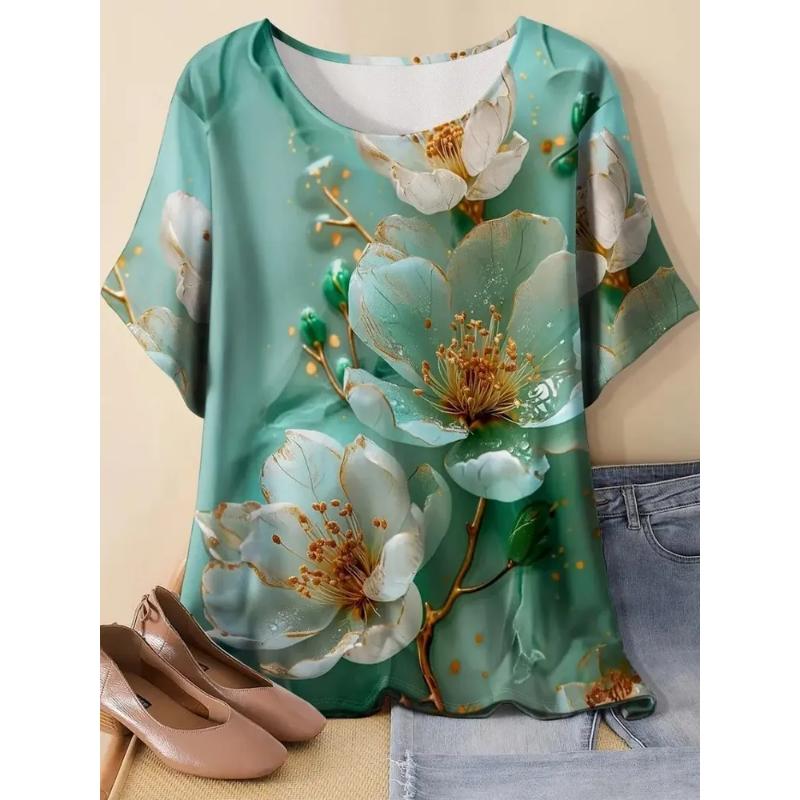 Camiseta de Manga Corta con Cuello Redondo y Estampado de Flores 3D para Mujer