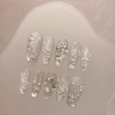Snow White Carol Winter Handmade Press On Nails White Christmas Cat Eye Fake Nails Snowflake Star Bow Christmas Tree Nail Art