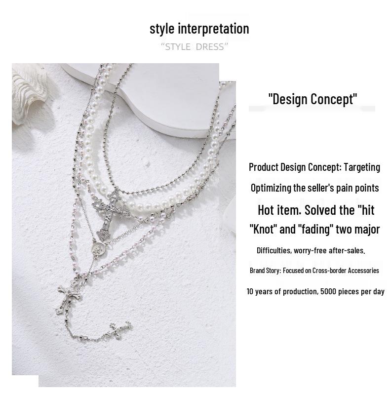 Cross Heart Faux Pearl Multi-layer Necklace - Y2K Style