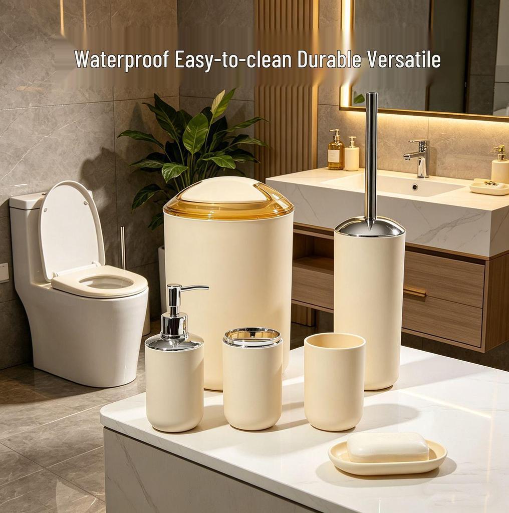 Solid Color Bathroom Accessory Set: 6-Piece Plastic Kit with Mouthwash Cup, Toothbrush Holder, Soap Dish, and Storage Containers.