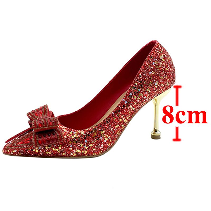 

Блестящие красные туфли-лодочки с пайетками, женские сексуальные туфли с бантом из кристаллов, тонкие каблуки для невесты, женские туфли-лодочки для танцев на высоком каблуке 35